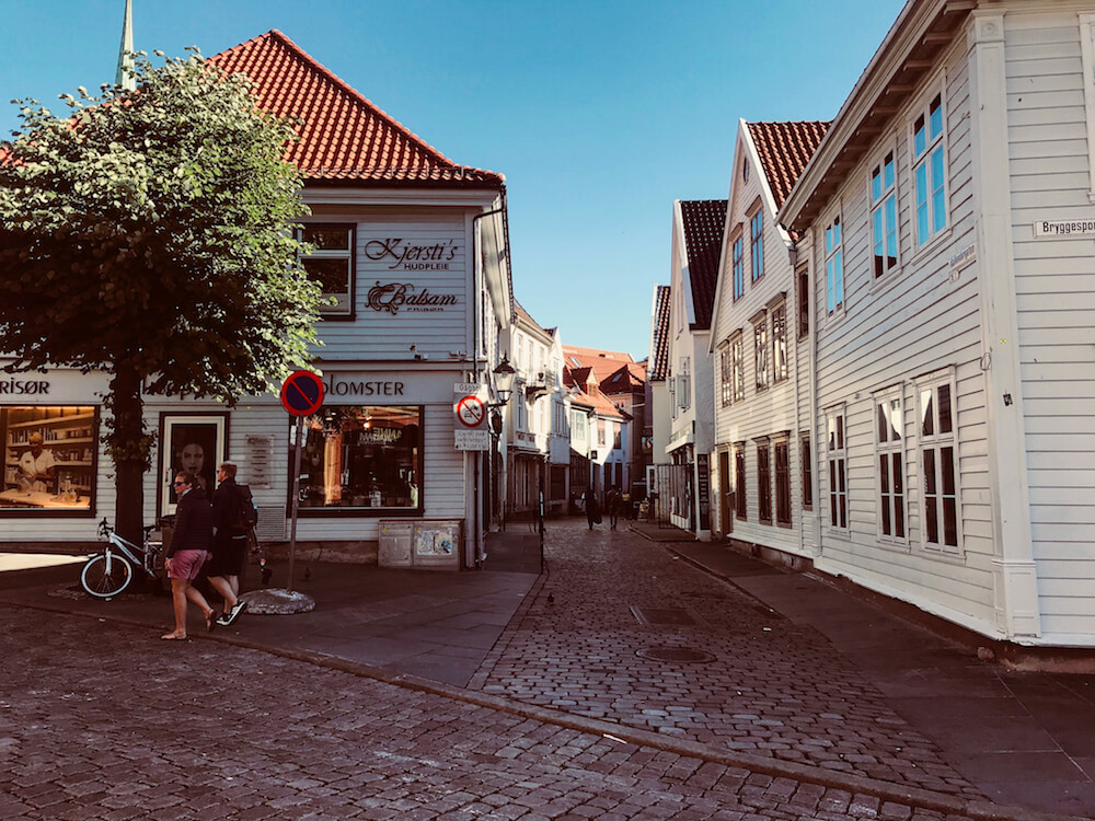 street with old wooden house in Bryggen Old Town of Bergen