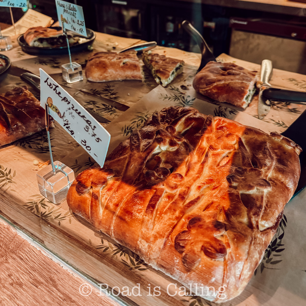 fresh pastries and pies on display at a brunch cafe in Tallinn