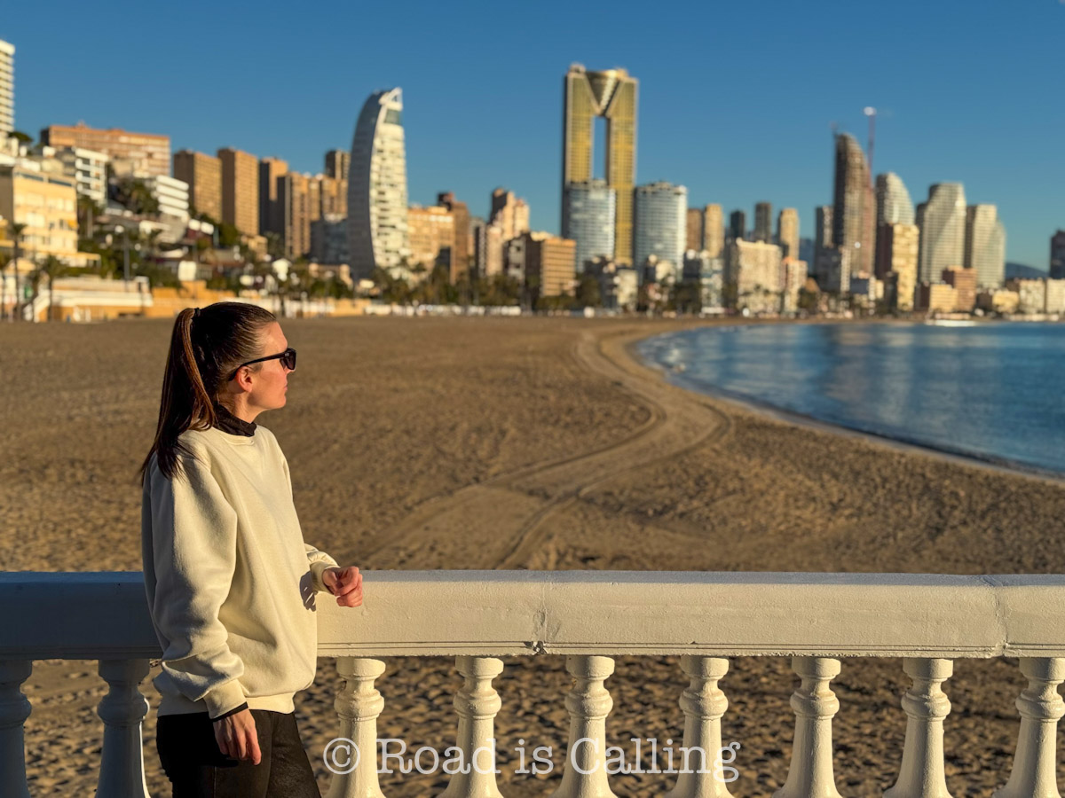 Benidorm coastline in winter with city skyline and calm Mediterranan Sea