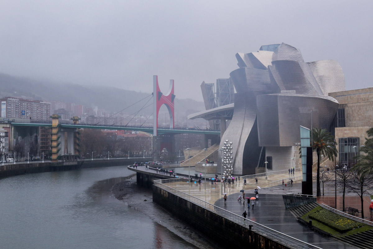 Guggenheim museum in Bilbao in winter with riverfront architecture and overcast weather