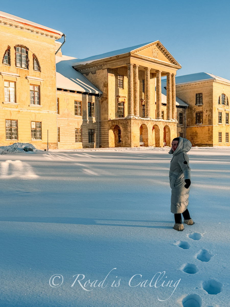 me walking in snow in front of the Kolga manor