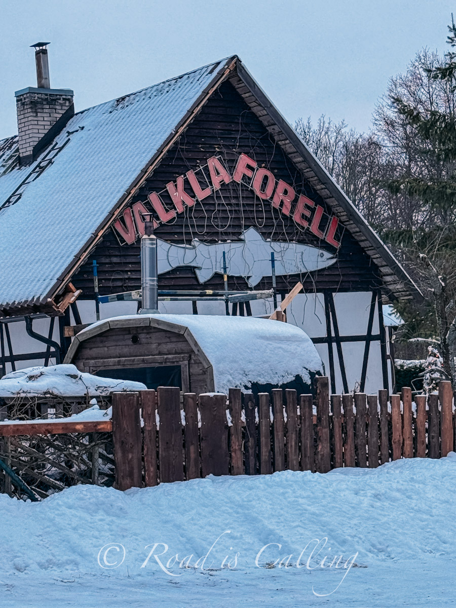 view of the wooden cafe by the road in Lahemaa National Park