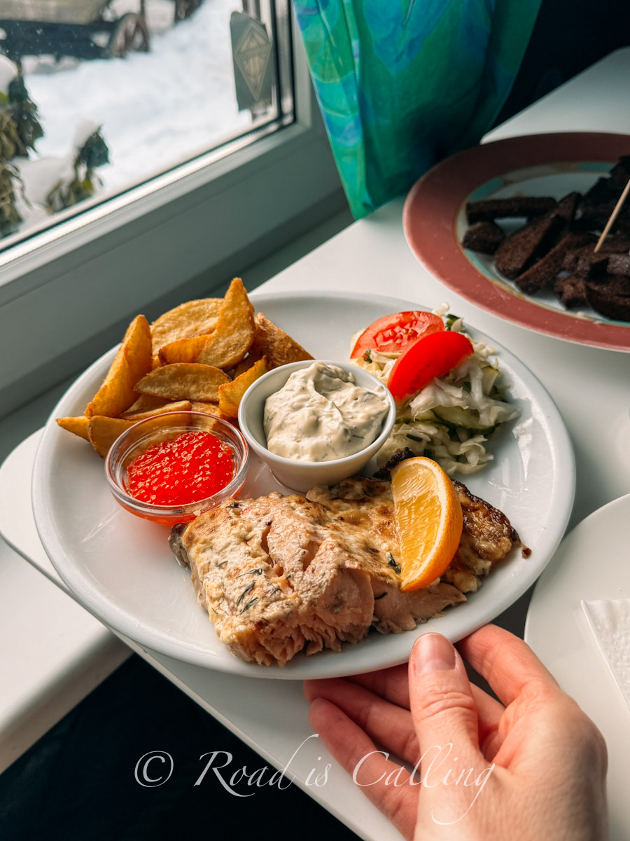 lunch plate by a window in a cafe during winter in Estonia
