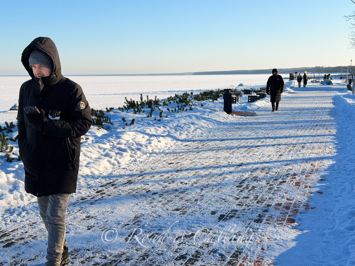 Promenade by the beach in Sillamae near Narva in winter