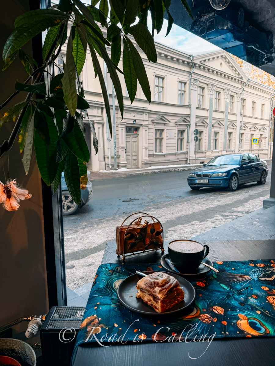 coffee with a cinnamon bun on the table by the window with a street view in Tartu