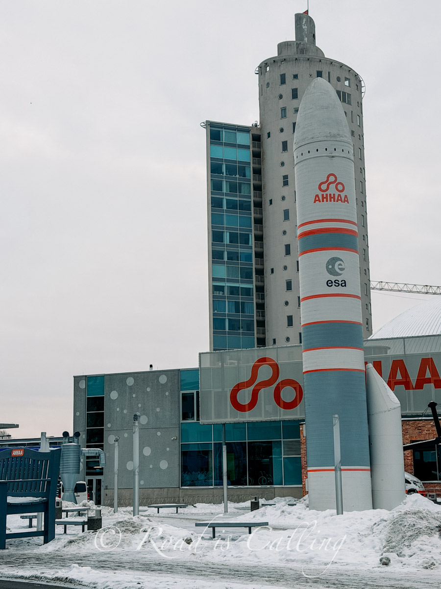 AHHAA Science Center building with rocket model in winter