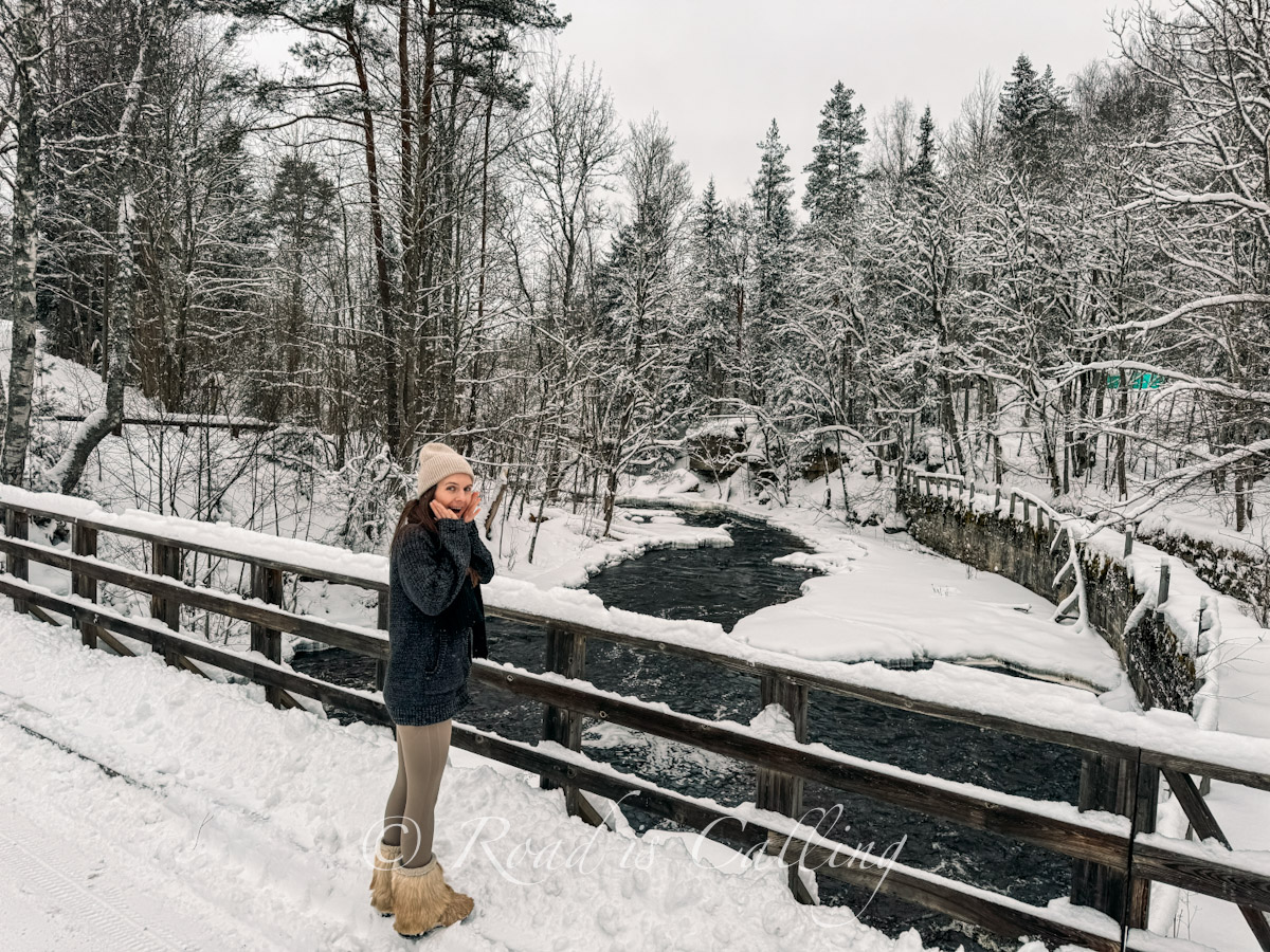 me standing on a snowy wooden boardwalk in Lahemaa National Park in winter