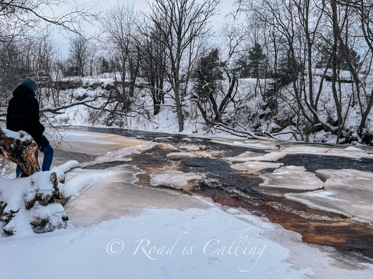Mark standing in the forest looking at the river in Lahemaa National Park in winter