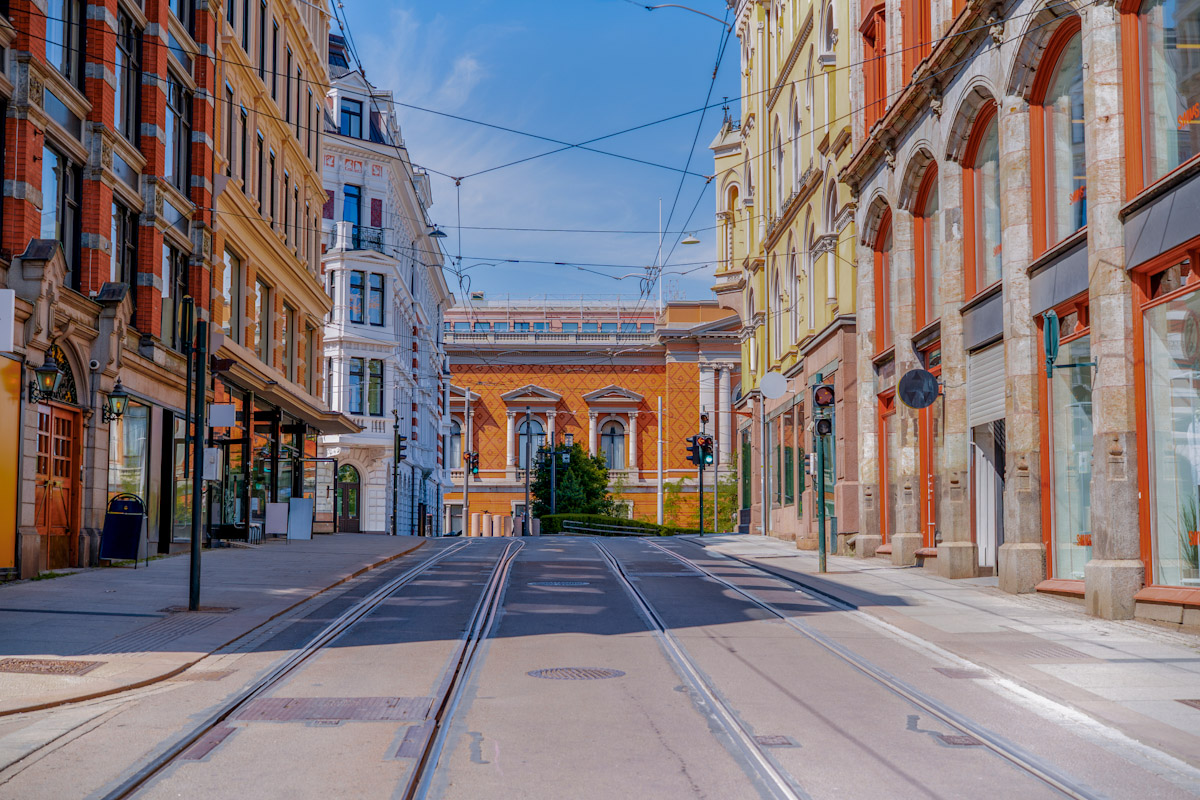 street with colorful buildings in Oslo Old Town