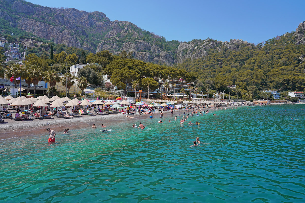 Beach in Marmaris with mountains and seaside resort views