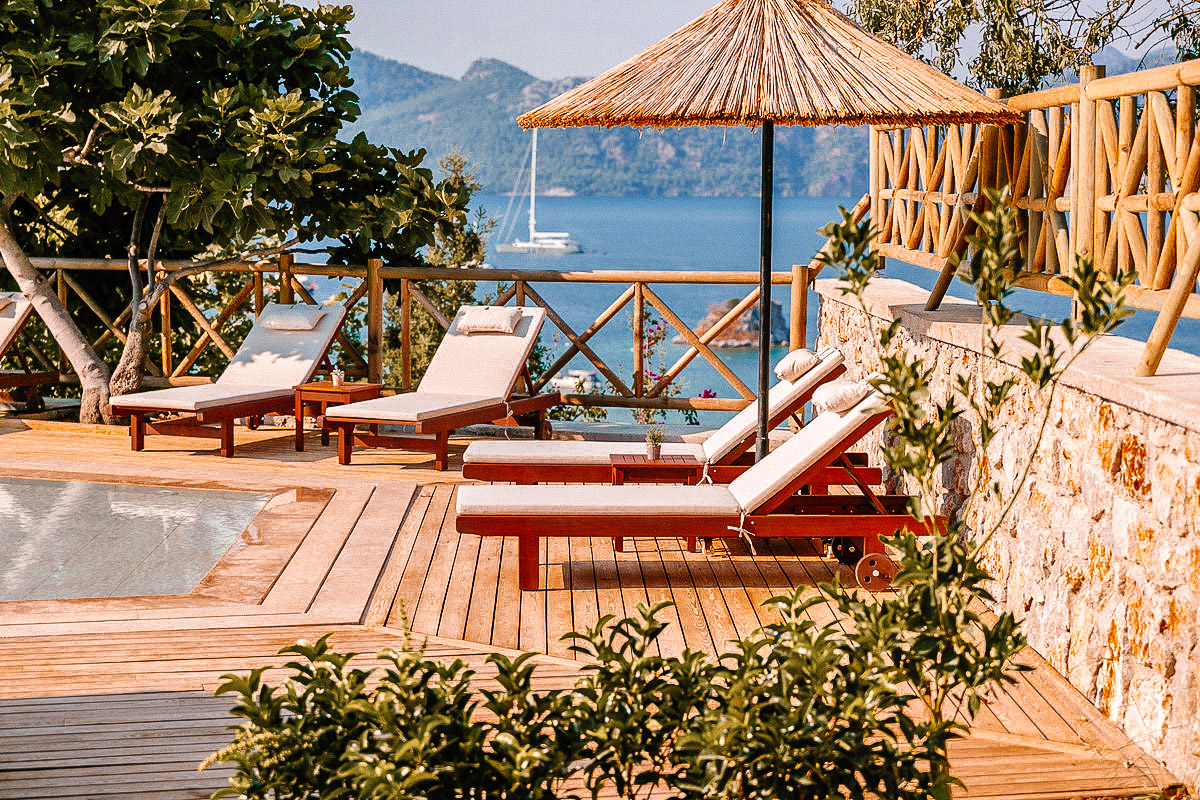Relaxing seaside hotel area in Marmaris overlooking the Turkish coast