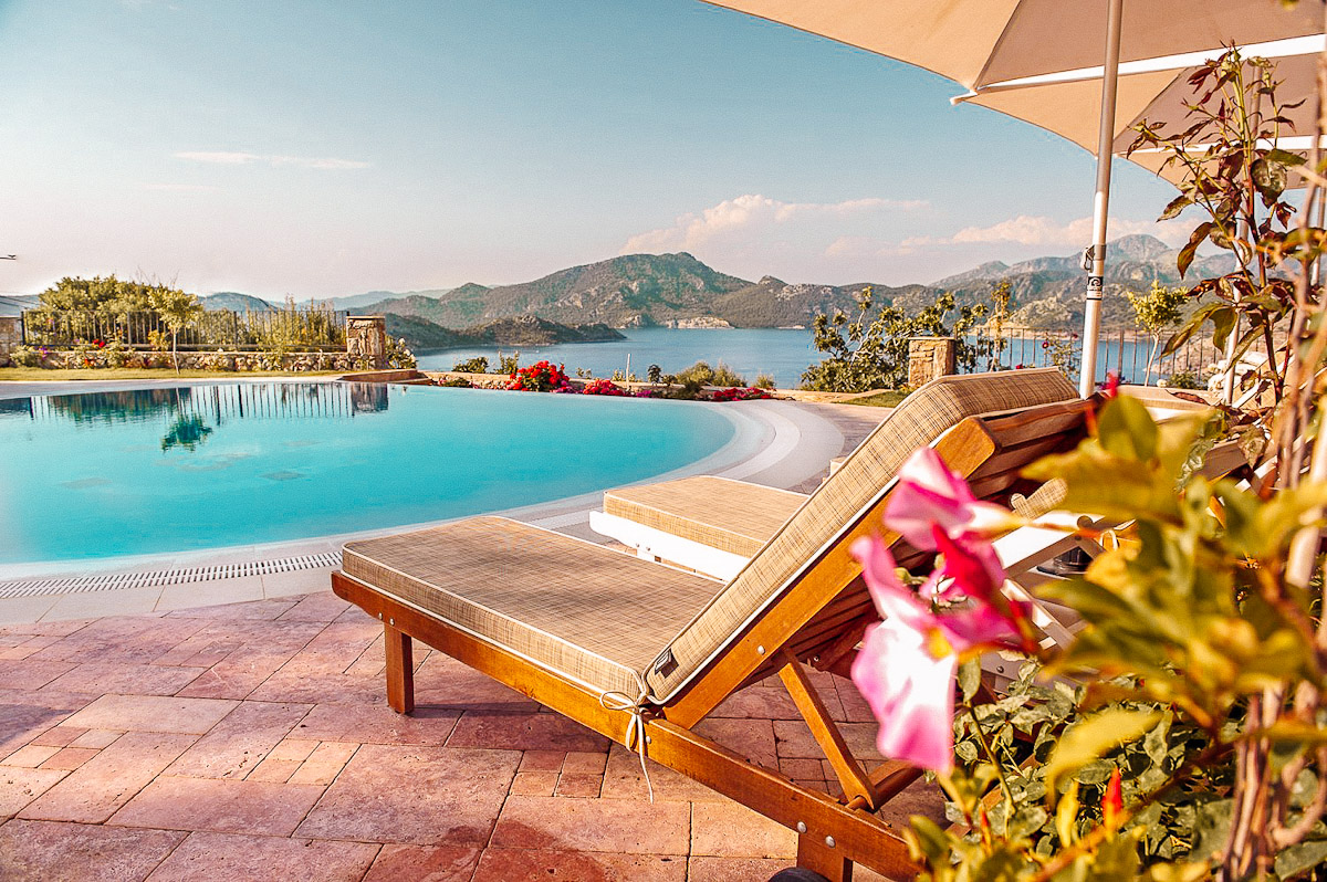 Luxury infinity pool hotel in Selimiye with mountain and sea views