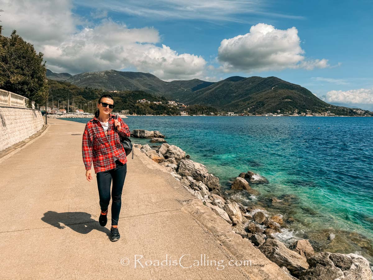 me walking on the promenade in Herceg Novi by the sea in November