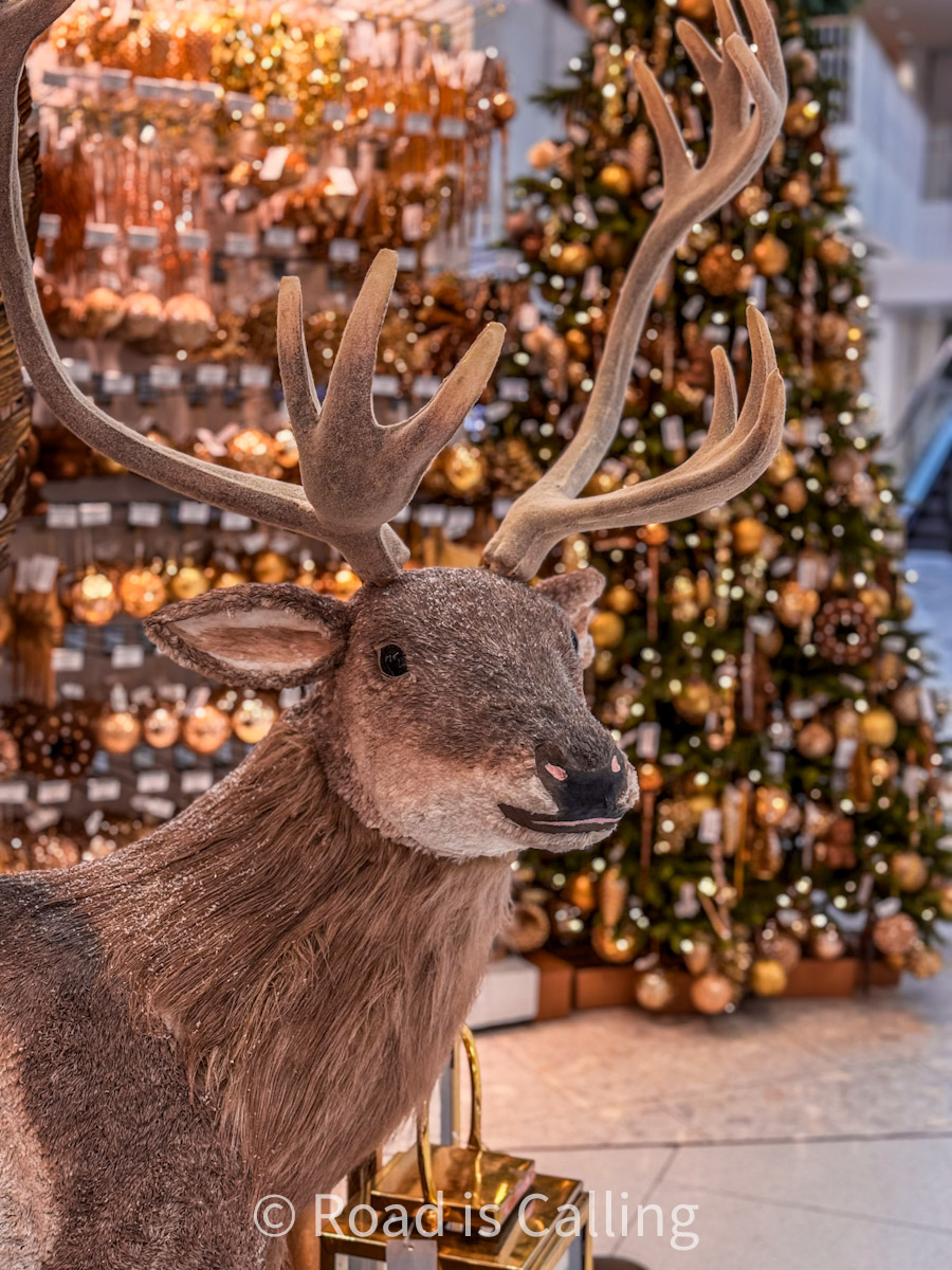 Christmas reindeer and Christmas tree in a mall in Tallinn