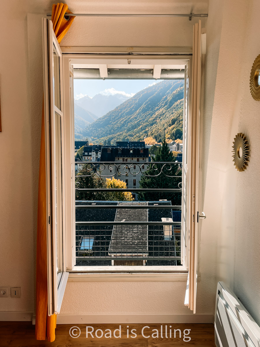 mountain view from a cozy apartment window in the French Pyrenees - ideal Novemeber getaway