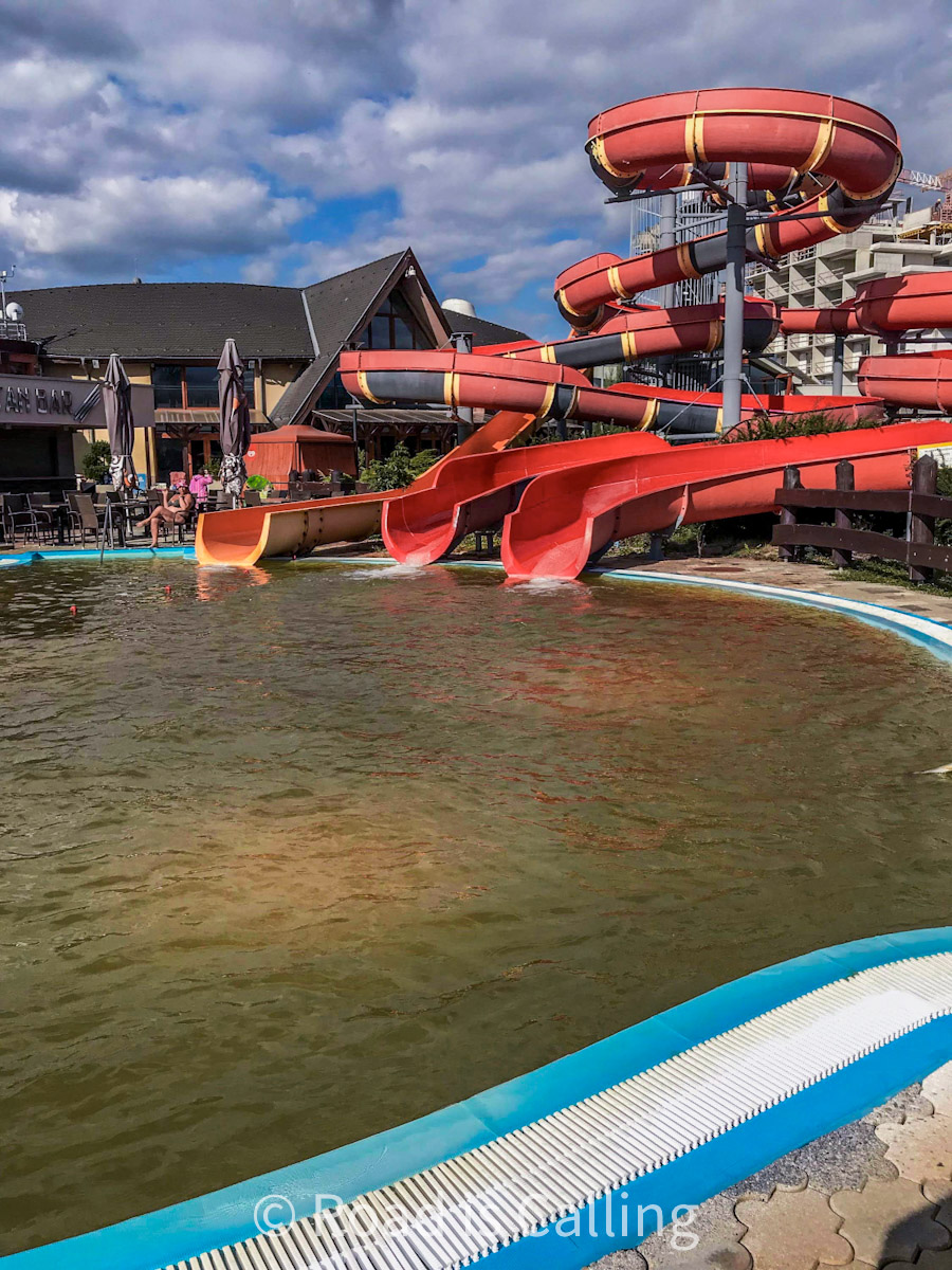 outdoor thermal water park with slides in Slovakia - fun and unusual place for November travel