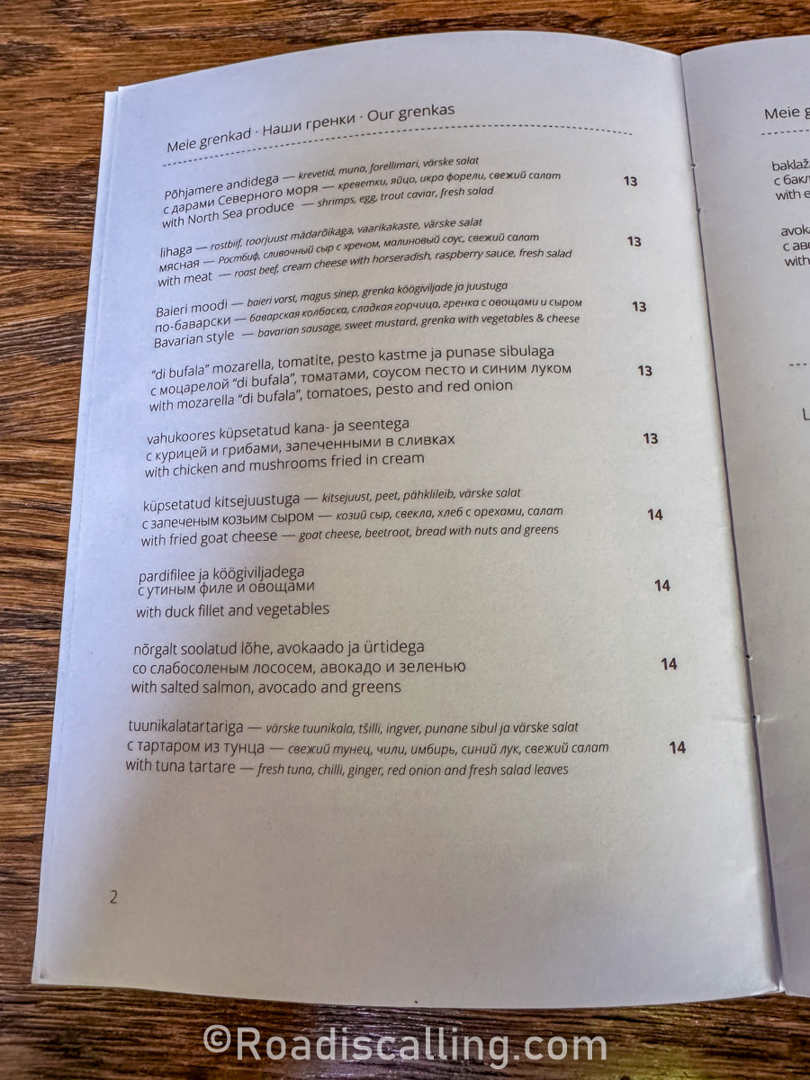 menu at the restaurant in Tallinn