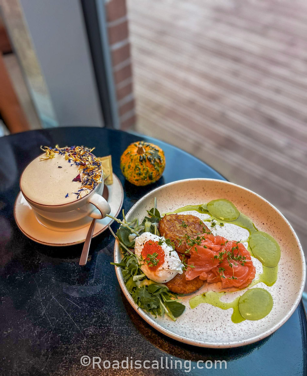 Potato pancakes with coffee in a cafe