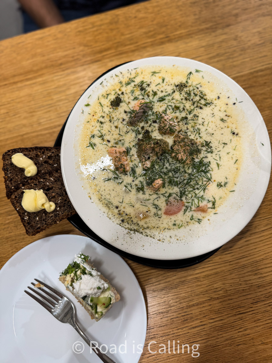 Finnish salmon soup in a bowl on the table in December