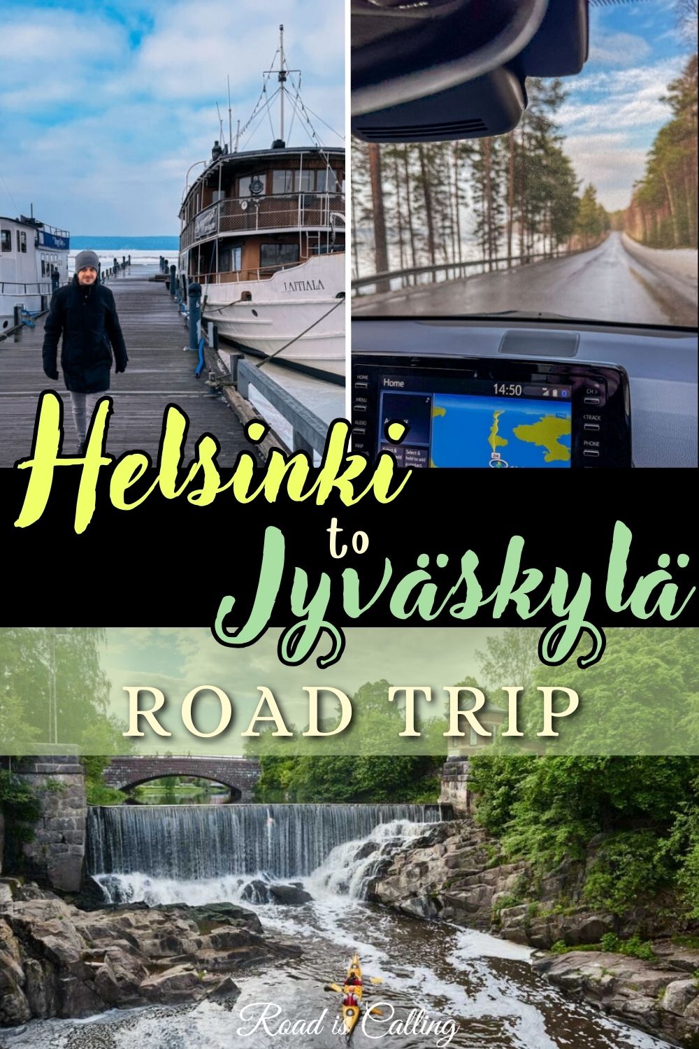 Scenic Helsinki to Jyväskylä road trip in Finland featuring snowy lakes, historic boats, forest drives, and waterfalls – perfect Finland travel itinerary inspiration.