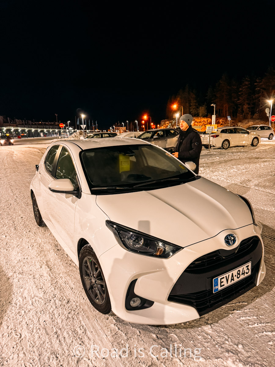 Toyota rental car in snowy Rovaniemi parking lot