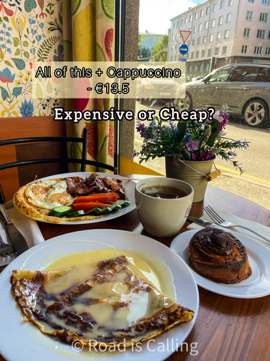 pancakes, tea, English breakfast, and cinnamon bun at the cheapest breakfast cafe in Tallinn