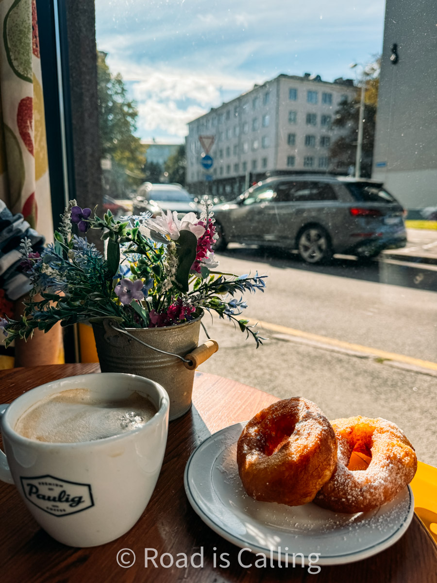 coffee and Estonian style donuts served on a sunny terrace