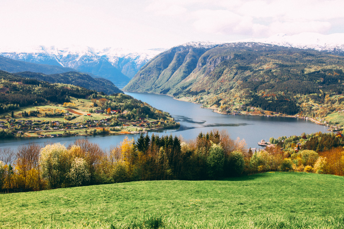 Panoramic view of Ulvik village and Hardangerfjord in autumn