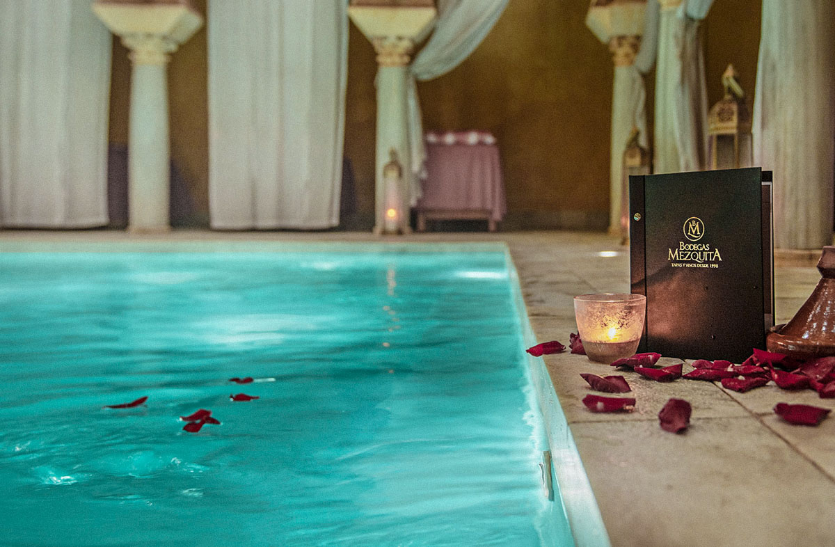pool with flowers in hammam