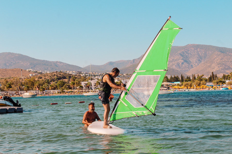 Windsurfing in calm water in Bodrum on the Turkish coast